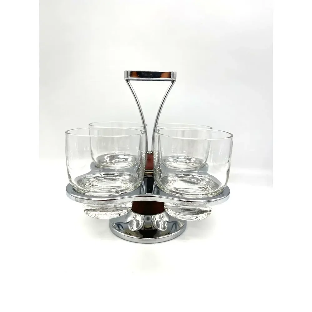 Vintage Mid Century Milbern Chrome & Wood Condiment Caddy 4 Glasses & Spoons
